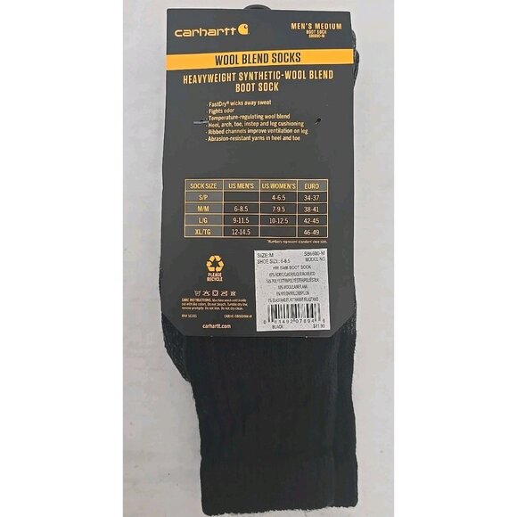 2 PAIR New Carhartt Boot Socks Men Medium 6-8½ Black Heavyweight Synthetic Wool - Picture 5 of 8
